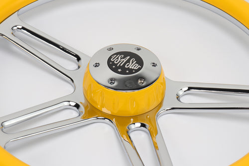 18” Steering Wheel Yellow Chrome 4-Spoke w/ Slot Cut Outs Chrome Horn Button - Logo