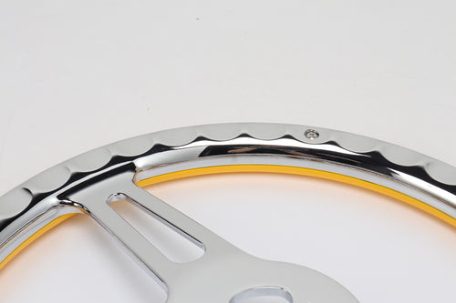 18” Steering Wheel Yellow Chrome 4-Spoke w/ Slot Cut Outs Chrome Horn Button - Logo