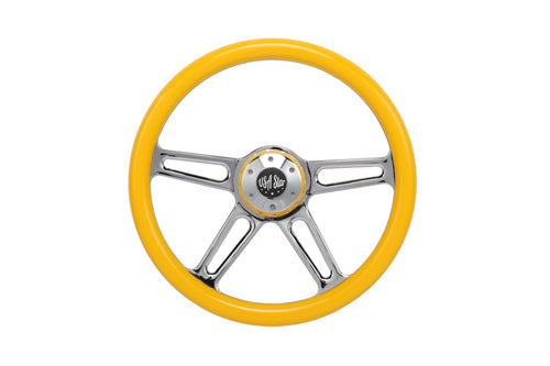 18” Steering Wheel Yellow Chrome 4-Spoke w/ Slot Cut Outs Chrome Horn Button - Logo