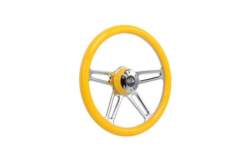 18” Steering Wheel Yellow Chrome 4-Spoke w/ Slot Cut Outs Chrome Horn Button - Logo