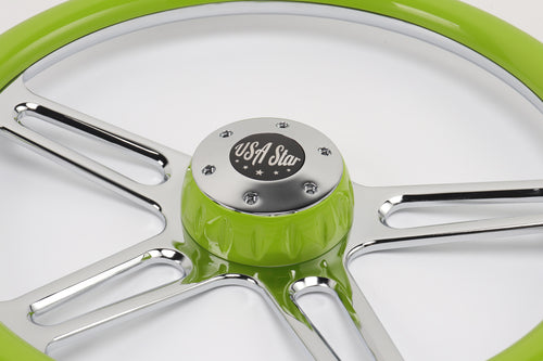 18” Steering Wheel Green Chrome 4-Spoke w/ Slot Cut Outs Chrome Horn Button - Logo