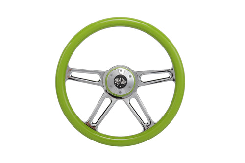 18” Steering Wheel Green Chrome 4-Spoke w/ Slot Cut Outs Chrome Horn Button - Logo