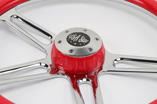 18” Steering Wheel Red Chrome 4-Spoke w/ Slot Cut Outs Chrome Horn Button - Logo