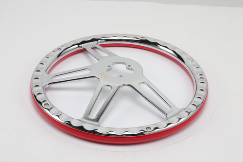 18” Steering Wheel Red Chrome 4-Spoke w/ Slot Cut Outs Chrome Horn Button - Logo