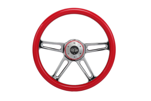 18” Steering Wheel Red Chrome 4-Spoke w/ Slot Cut Outs Chrome Horn Button - Logo