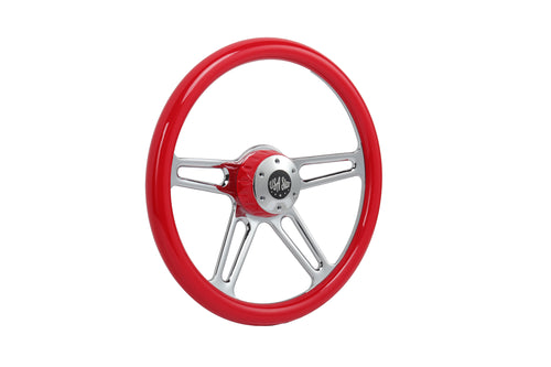 18” Steering Wheel Red Chrome 4-Spoke w/ Slot Cut Outs Chrome Horn Button - Logo