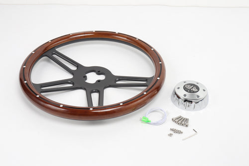 18” Steering Wheel Real Wood Black 4-Spoke w/Slot Cut Outs black Horn Button-logo