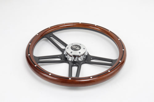 18” Steering Wheel Real Wood Black 4-Spoke w/Slot Cut Outs black Horn Button-logo