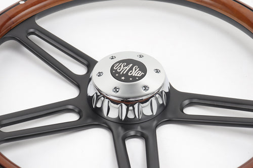 18” Steering Wheel Real Wood Black 4-Spoke w/Slot Cut Outs black Horn Button-logo