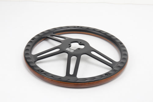 18” Steering Wheel Real Wood Black 4-Spoke w/Slot Cut Outs black Horn Button-logo