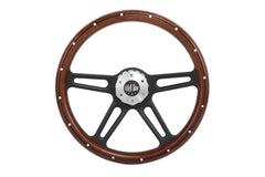 18” Steering Wheel Real Wood Black 4-Spoke w/Slot Cut Outs black Horn Button-logo
