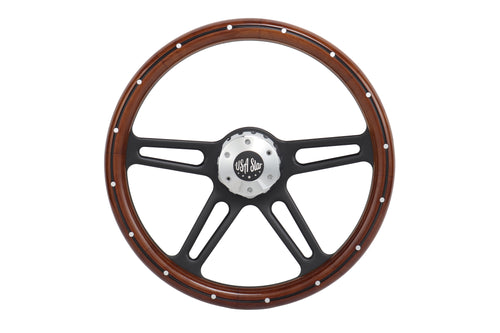 18” Steering Wheel Real Wood Black 4-Spoke w/Slot Cut Outs black Horn Button-logo
