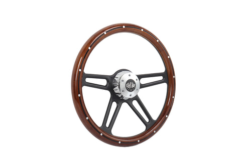 18” Steering Wheel Real Wood Black 4-Spoke w/Slot Cut Outs black Horn Button-logo