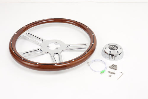 18” Steering Wheel Real Wood Chrome 4-Spoke w/Slot Cut Outs Chrome Horn Button-logo