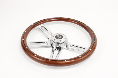 18” Steering Wheel Real Wood Chrome 4-Spoke w/Slot Cut Outs Chrome Horn Button-logo