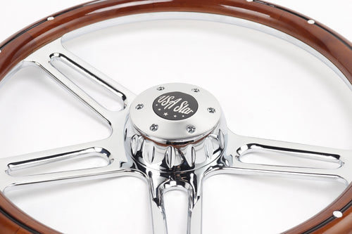 18” Steering Wheel Real Wood Chrome 4-Spoke w/Slot Cut Outs Chrome Horn Button-logo
