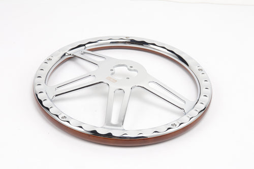 18” Steering Wheel Real Wood Chrome 4-Spoke w/Slot Cut Outs Chrome Horn Button-logo
