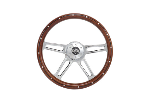 18” Steering Wheel Real Wood Chrome 4-Spoke w/Slot Cut Outs Chrome Horn Button-logo