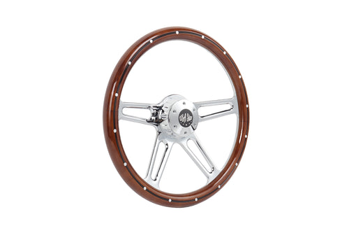 18” Steering Wheel Real Wood Chrome 4-Spoke w/Slot Cut Outs Chrome Horn Button-logo