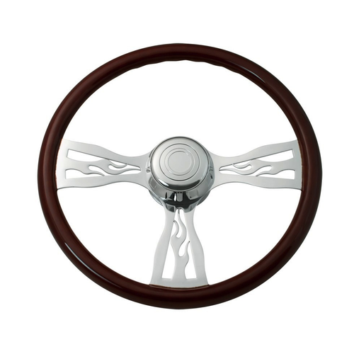 Classic 20" Mahogany Wood Rim, Chrome 4-Spoke with Slot Cut Outs, Chrome Bezel, Chrome Horn Button - Logo