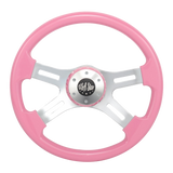 16" Steering Wheel Pink Chrome 4-Spoke w/ Slot Cut Outs Chrome Horn Button - Logo