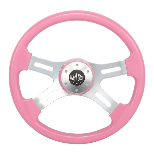 16" Steering Wheel Pink Chrome 4-Spoke w/ Slot Cut Outs Chrome Horn Button - Logo