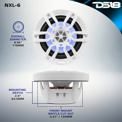 DS18 NXL 6.5" 2-Way Coaxial Marine Speaker with LED RGB Lights | 100W RMS 4-Ohm PAIR