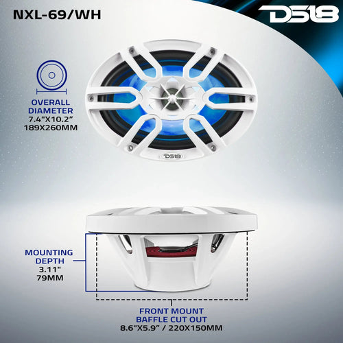 DS18 NXL 6x9" 2-Way Coaxial Marine Speaker with LED RGB Lights | 125W RMS 4-Ohm