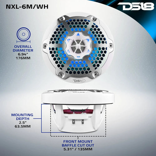 DS18 NXL 6.5" 2-Way Coaxial Marine Speaker With LED RGB Lights 100 Watts Rms 4-Ohm PAIR