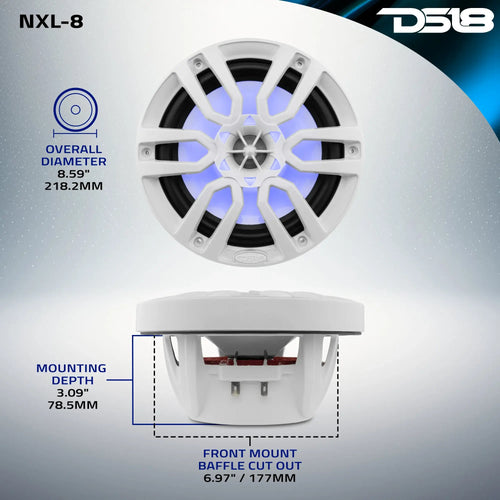 DS18 NXL 8" 2-Way Coaxial Marine Speaker with LED RGB Lights | 125W RMS 4-Ohm PAIR