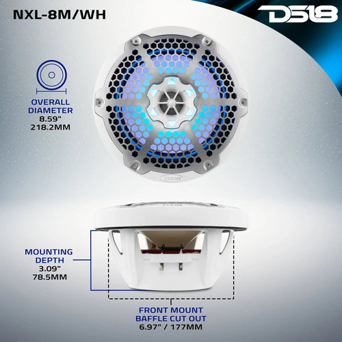 DS18 NXL 8" 2-Way Coaxial Marine Speaker With LED RGB Lights 125 Watts Rms 4-Ohm PAIR
