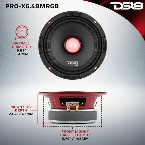 DS18 PRO-X 6.5" Mid-Range Loudspeaker with RGB Light Bullet 250 Watts Rms 4-Ohm EACH