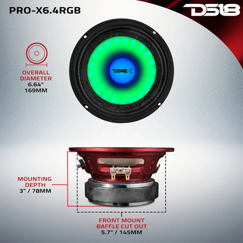 DS18 6.5" Mid-Range Loudspeaker with Dual RGB LED For Cone & Dust Cap 250 Watts 4-Ohm EACH