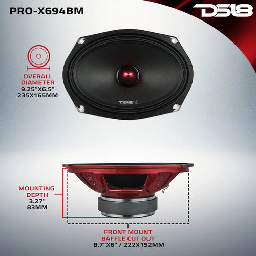 DS18 PRO-X 6X9" Mid-Range Loudspeaker with Bullet | 200W RMS 4-Ohm EACH