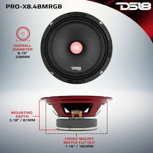DS18 PRO-X 8" Mid-Range Loudspeaker with RGB Light Bullet 275 Watts Rms 4-Ohm EACH