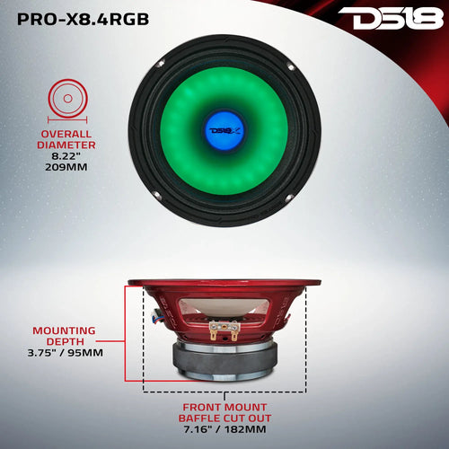 DS18 8" Mid-Range Loudspeaker with Dual RGB LED For Cone & Dust Cap 275 Watts 4-Ohm EACH