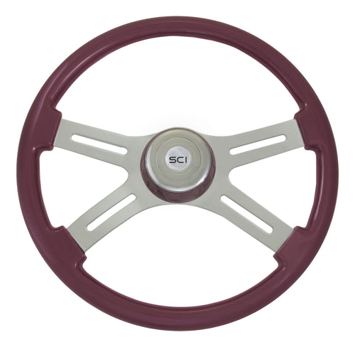 18" Purple Painted Wood Rim, Chrome 4-Spoke w/ Slot Cut Outs, Matching Painted Bezel, Chrome Horn Button - Logo