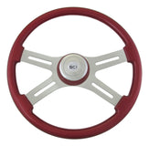 18" Painted Wood Rim, Chrome 4-Spoke w/ Slot Cut Outs, Matching Painted Bezel, Chrome Horn Button - Logo CLASSIC - RED - MATCHING BEZEL