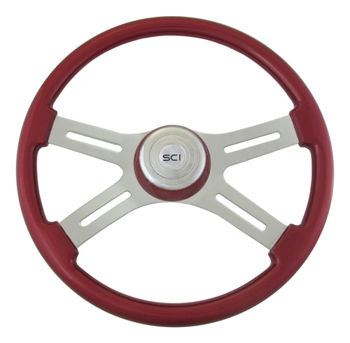18" Painted Wood Rim, Chrome 4-Spoke w/ Slot Cut Outs, Matching Painted Bezel, Chrome Horn Button - Logo CLASSIC - RED - MATCHING BEZEL