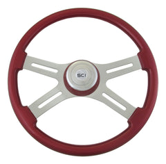 18" Painted Wood Rim, Chrome 4-Spoke w/ Slot Cut Outs, Matching Painted Bezel, Chrome Horn Button - Logo CLASSIC - RED - MATCHING BEZEL