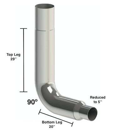 Lincoln Chrome 8” Seamless 90° Elbow Reduced 5” OD Top Leg 29”, lower Leg 20”