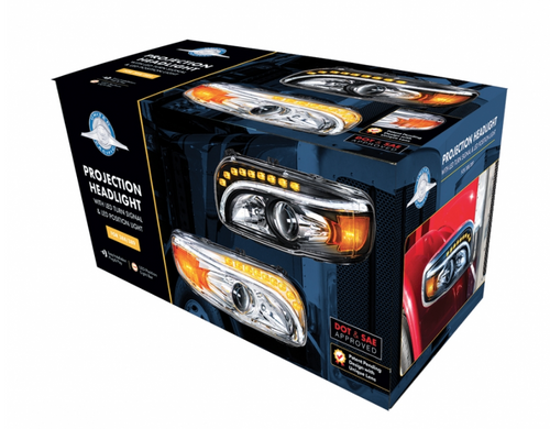 Chrome Projection Headlight With LED Turn & DRL For Peterbilt 389 (2008-2023) & 388 (2008-2015)