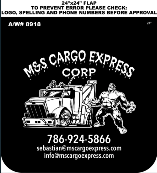 Mud Flap 24”X 24” Grooved Poly Color Black With Logo M&S Cargo Express