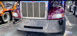 20" Chrome Bumper for Peterbilt 335 (2012+), Set Forward Axle, with Tag and Step Hole, featuring 30 evenly spaced 3/4" Bullet Light Holes