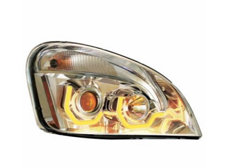 Chrome Projection Headlight W/Dual Function Amber LED Position Lights For 2008-17 FL Cascadia - Passenger