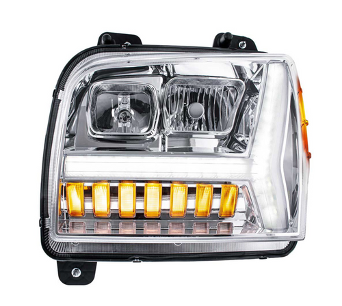 Chrome Headlight With LED DRL Light Bar & Turn Signal For 2018-2024 Kenworth W990-Driver Turn on