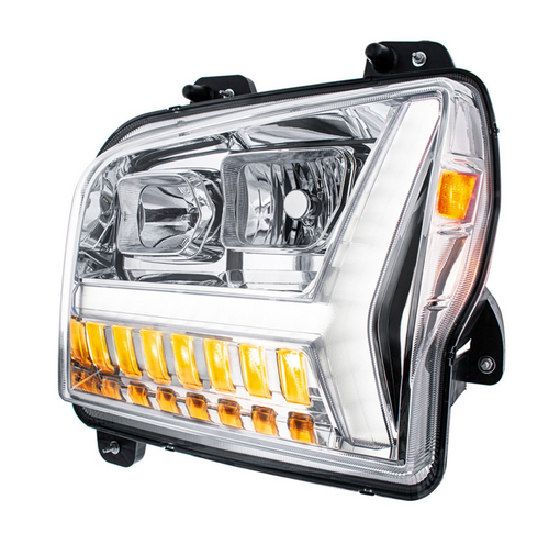 Chrome Headlight With LED DRL Light Bar & Turn Signal For 2018-2024 Kenworth W990-Driver Side Turn on