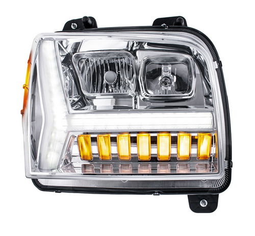 Chrome Headlight With LED DRL Light Bar & Turn Signal For 2018-2024 Kenworth W990-Passenger