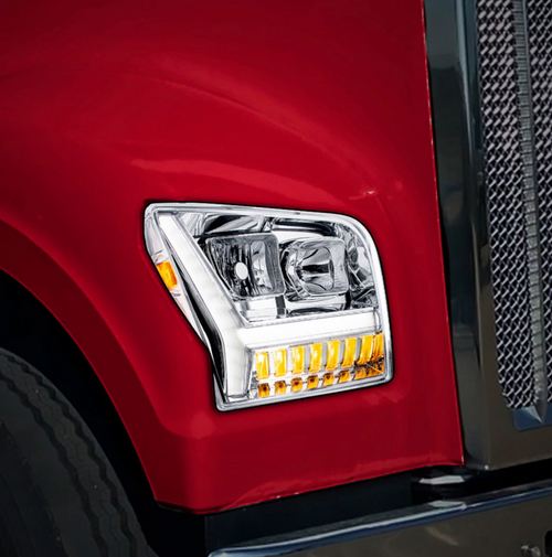Chrome Headlight With LED DRL Light Bar & Turn Signal For 2018-2024 Kenworth W990-Passenger