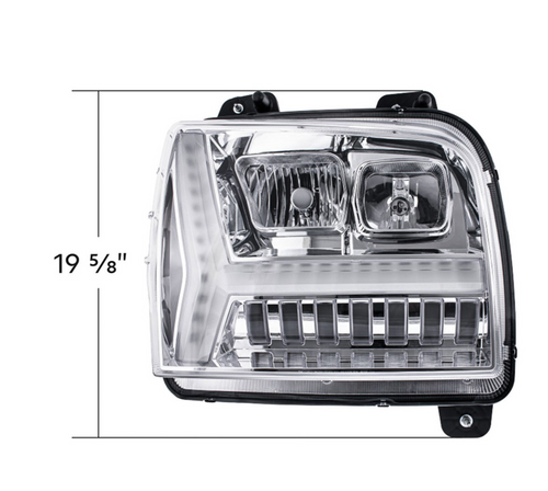 Chrome Headlight With LED DRL Light Bar & Turn Signal For 2018-2024 Kenworth W990-Passenger